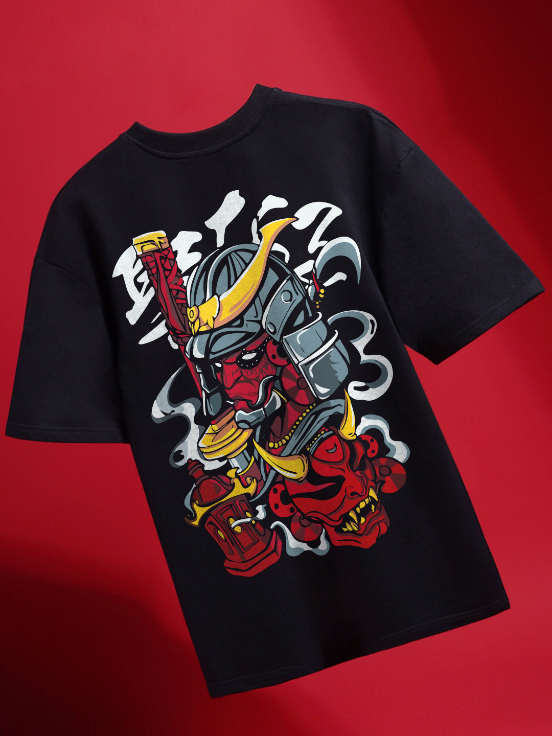 Black t-shirt with a red and gray graphic design on a red background