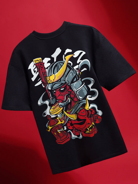 Black t-shirt with a red and gray graphic design on a red background