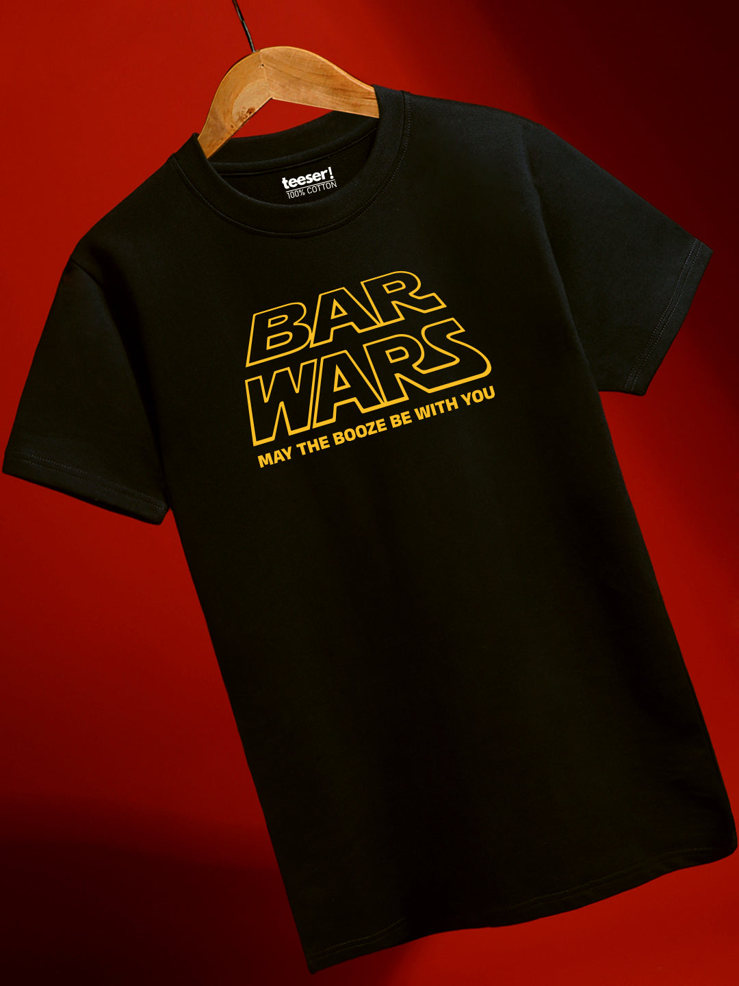 Black t-shirt with 'BAR WARS' text on a red background