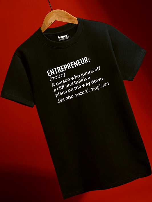 Black t-shirt with humorous entrepreneur definition on a red background