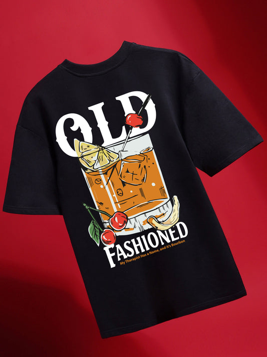 Black t-shirt with 'Old Fashioned' cocktail graphic on a red background
