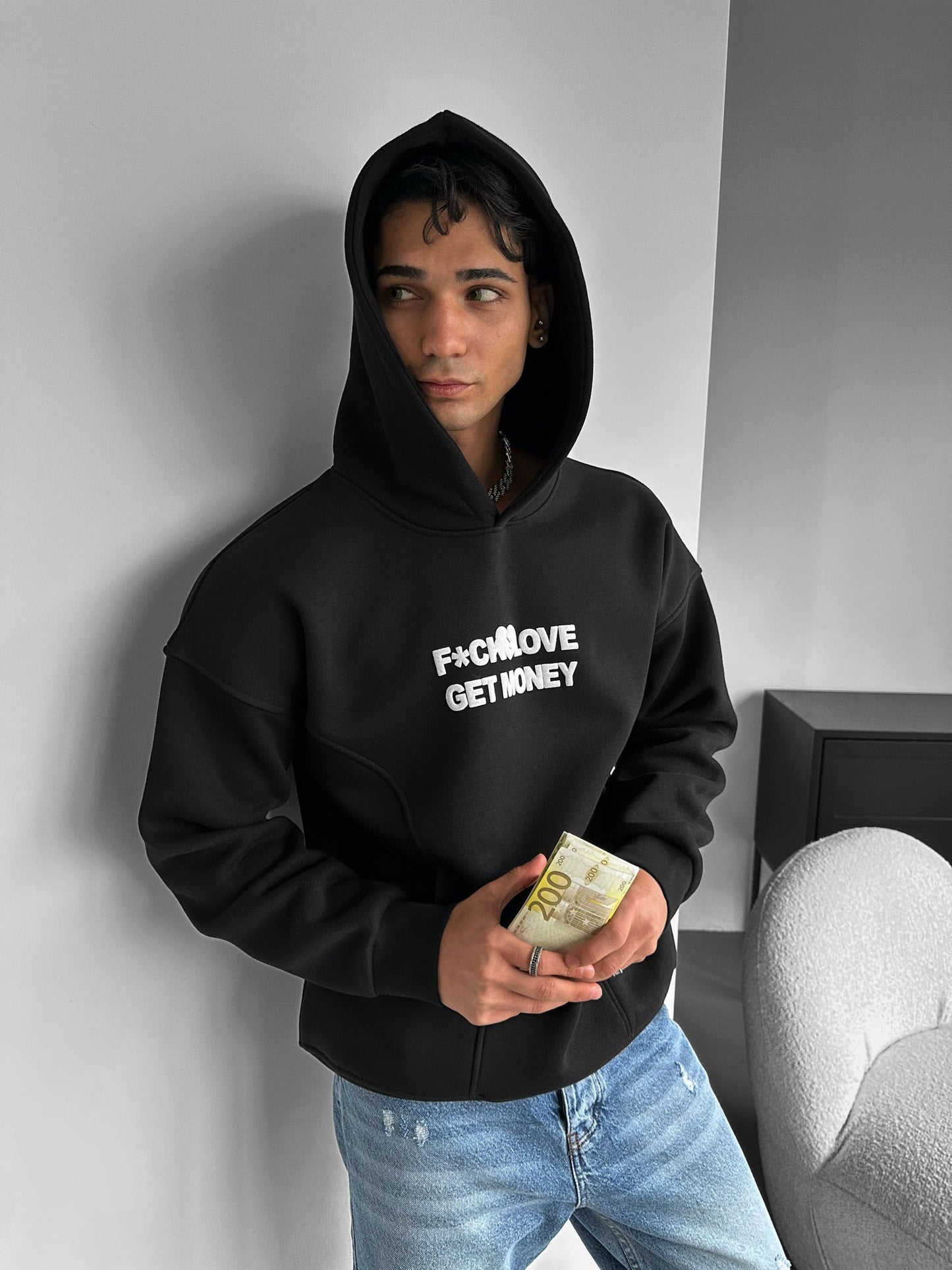 Fake Love Get Money Drop Shoulder Graphic Hoodie