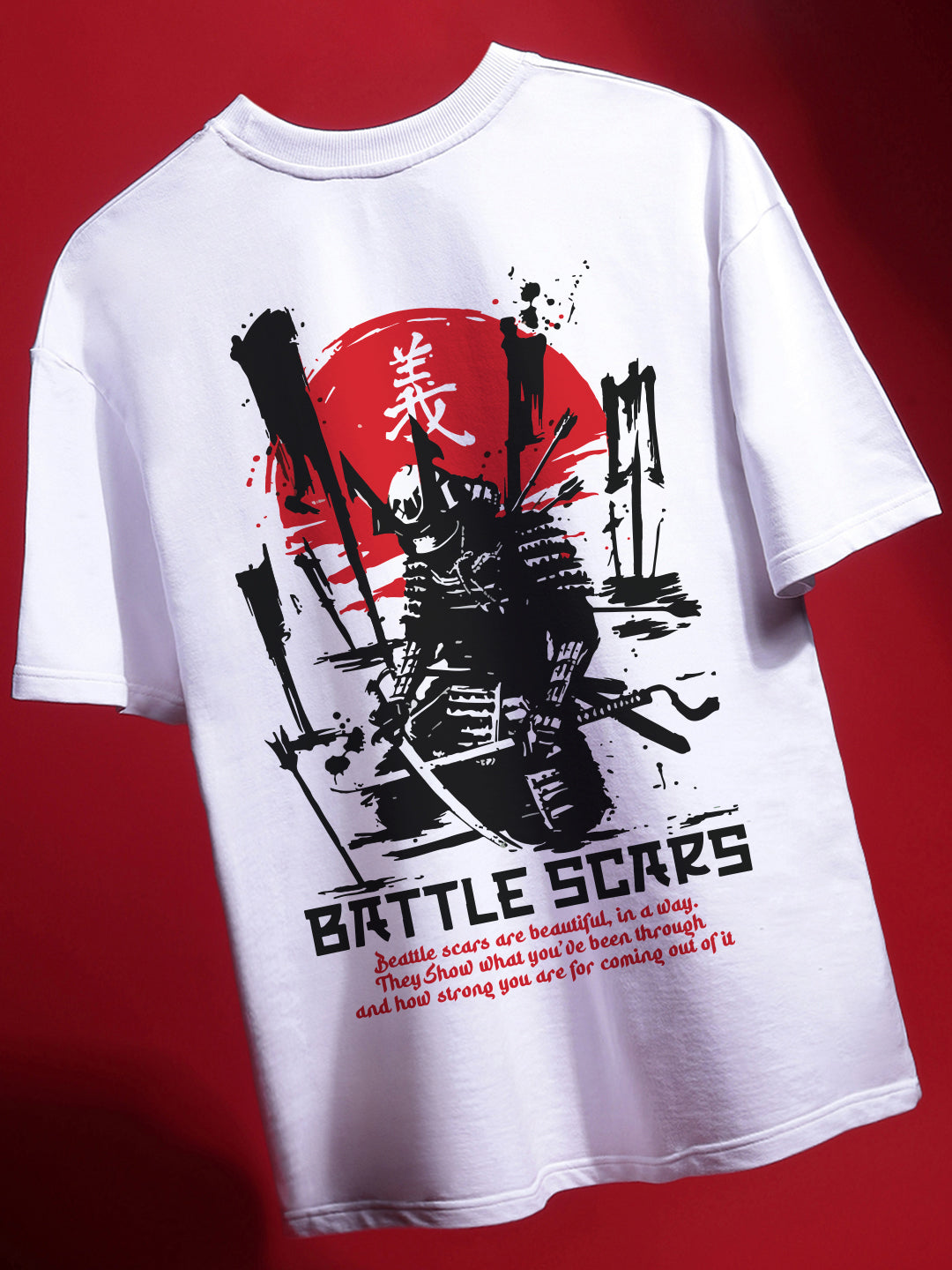 White crew neck t-shirt with a graphic print of a samurai and text 'BATTLE SCARS' on the front.