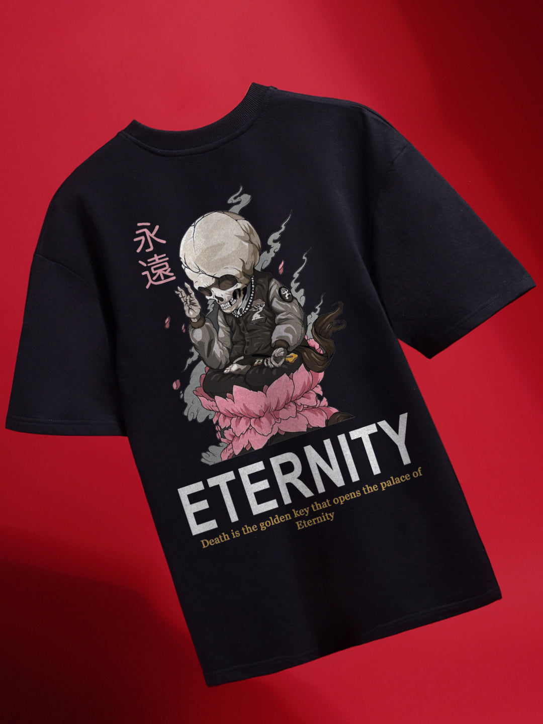 A black half-sleeved crew neck t-shirt with 'ETERNITY' written on the front, featuring a graphic of a skull, some floral elements, and Chinese characters.
