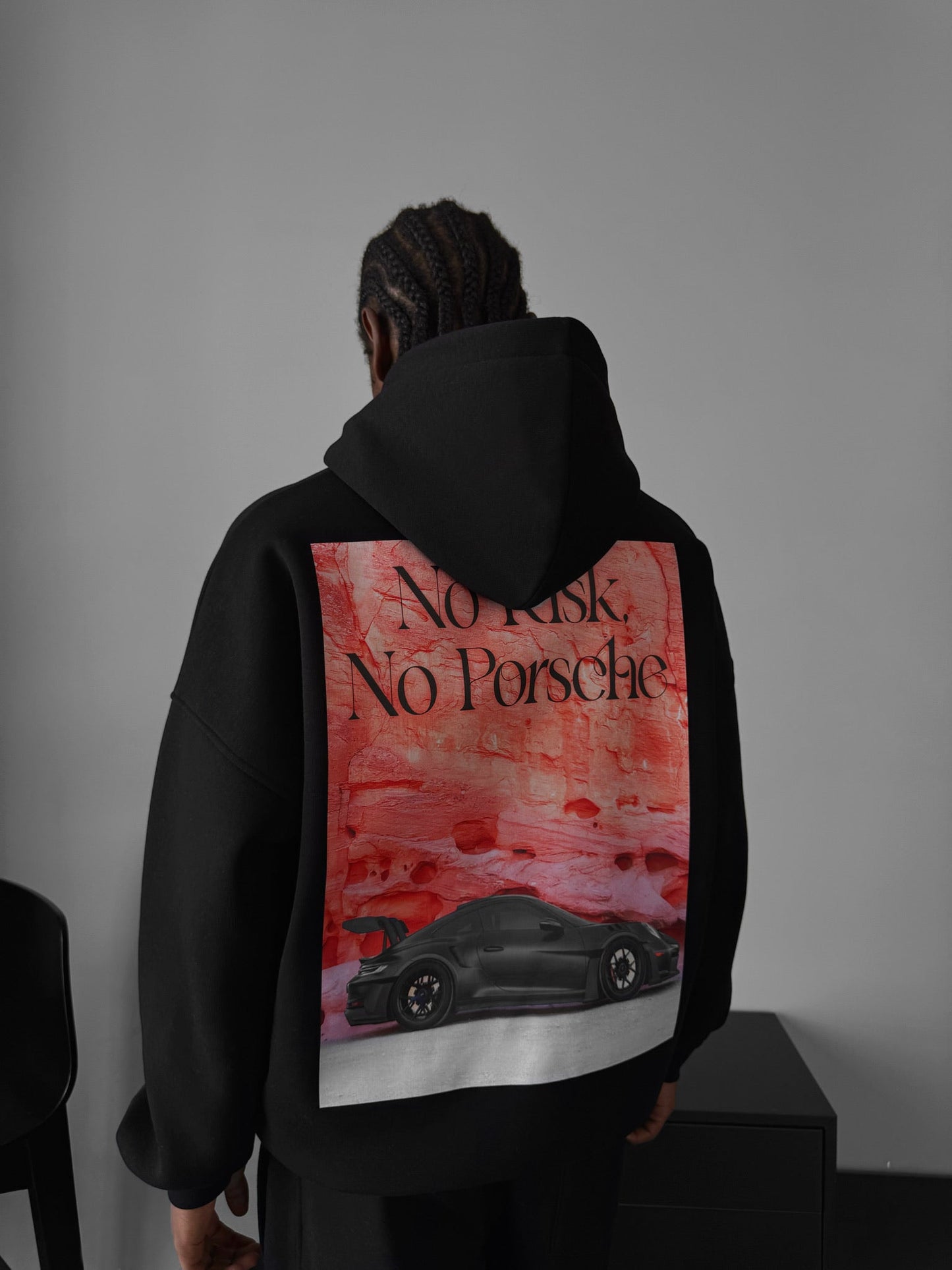No Risk No Porsche Drop Shoulder Graphic Hoodie