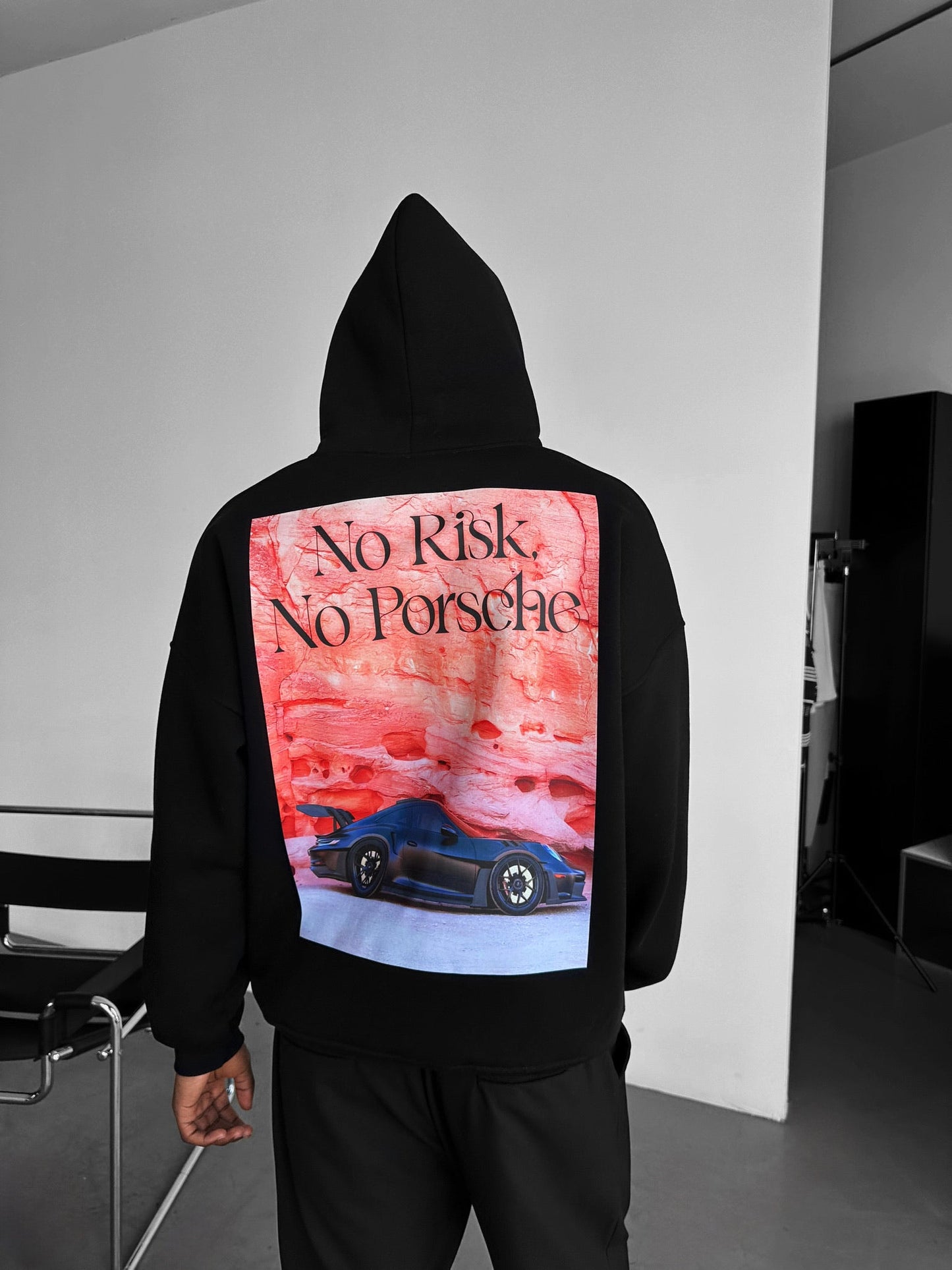 No Risk No Porsche Drop Shoulder Graphic Hoodie
