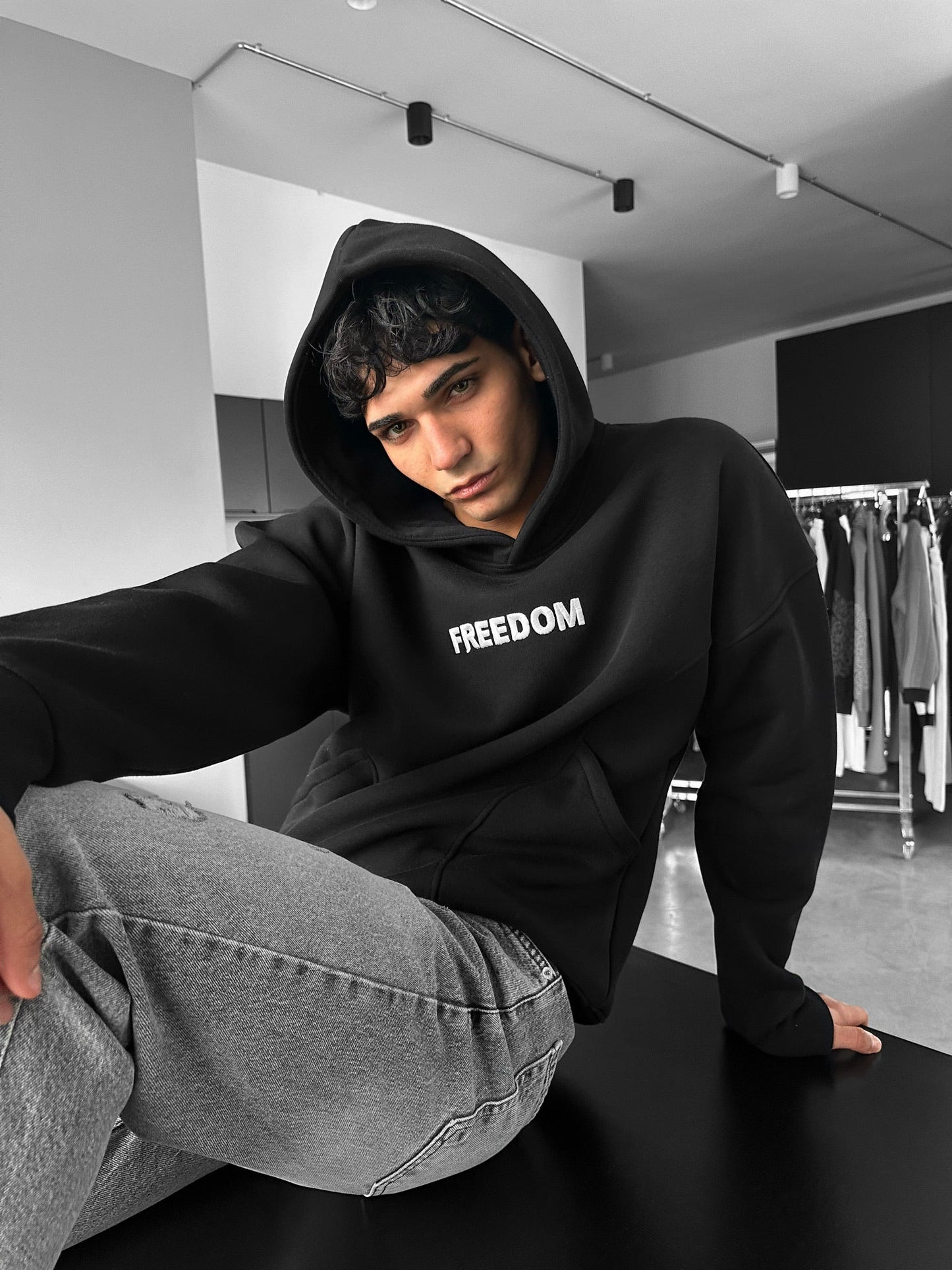 Freedom Drop Shoulder Graphic Black Hoodie