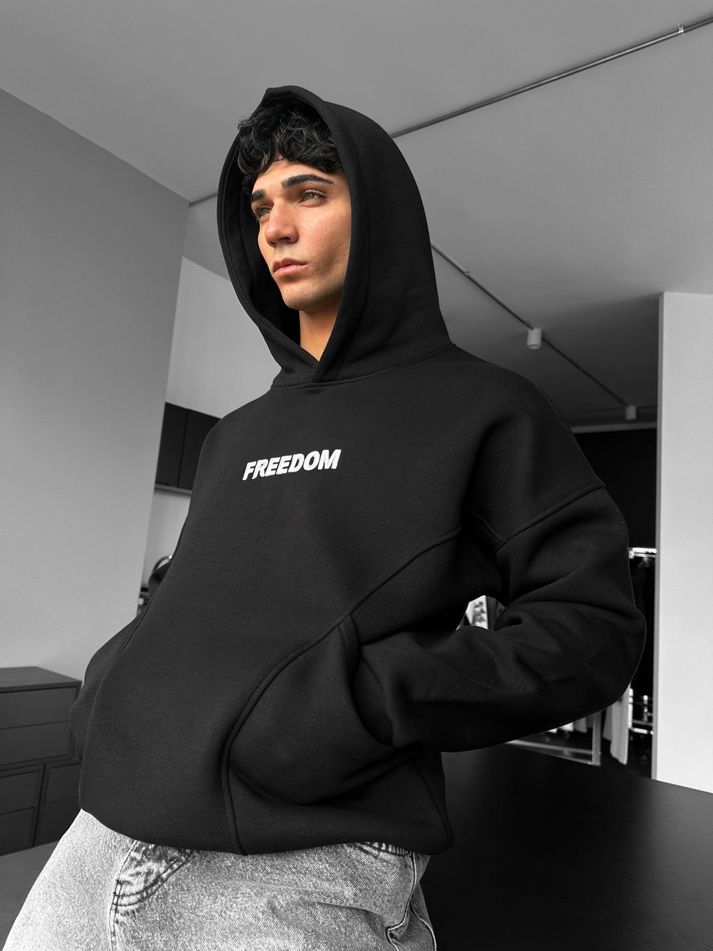 Freedom Drop Shoulder Graphic Black Hoodie