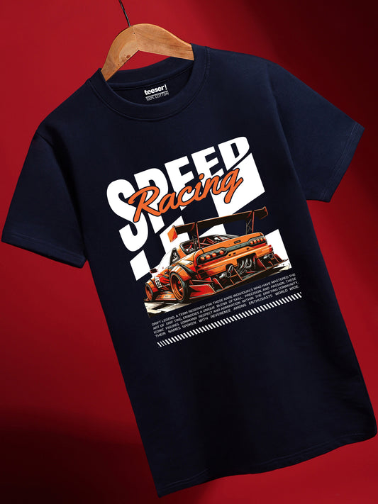 A navy blue t-shirt with a graphic print of a car and the text 'SPEED Racing' displayed on a red background.