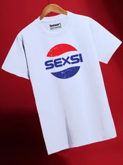 White t-shirt with 'SEXSI' logo on a red background