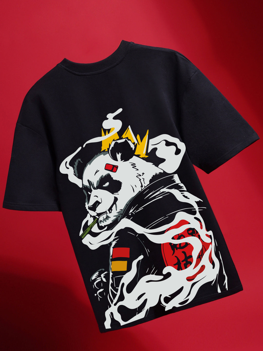 Black t-shirt with a graphic design of a panda bear on a red background