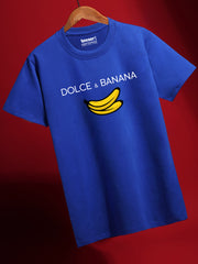 Blue t-shirt with 'DOLCE & BANANA' text and banana graphic on a red background