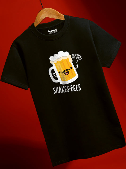 Black t-shirt with a cartoon beer mug graphic and text on a red background