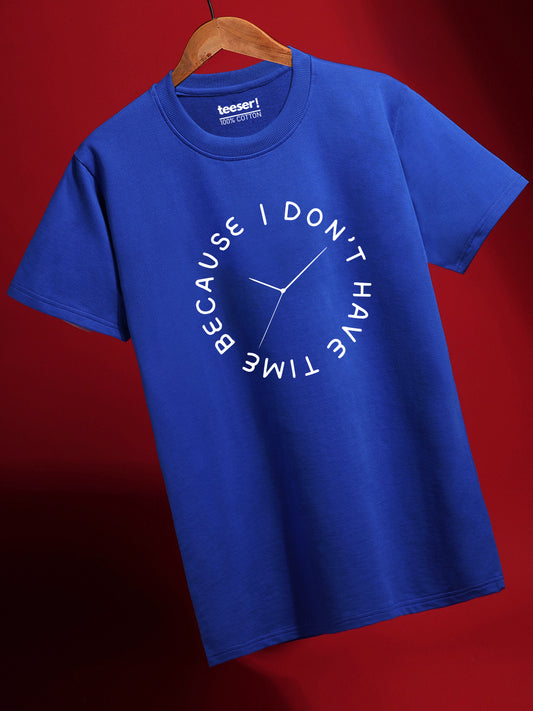 Blue t-shirt with white text on a red background