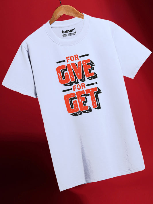 White t-shirt with red and black text on a red background